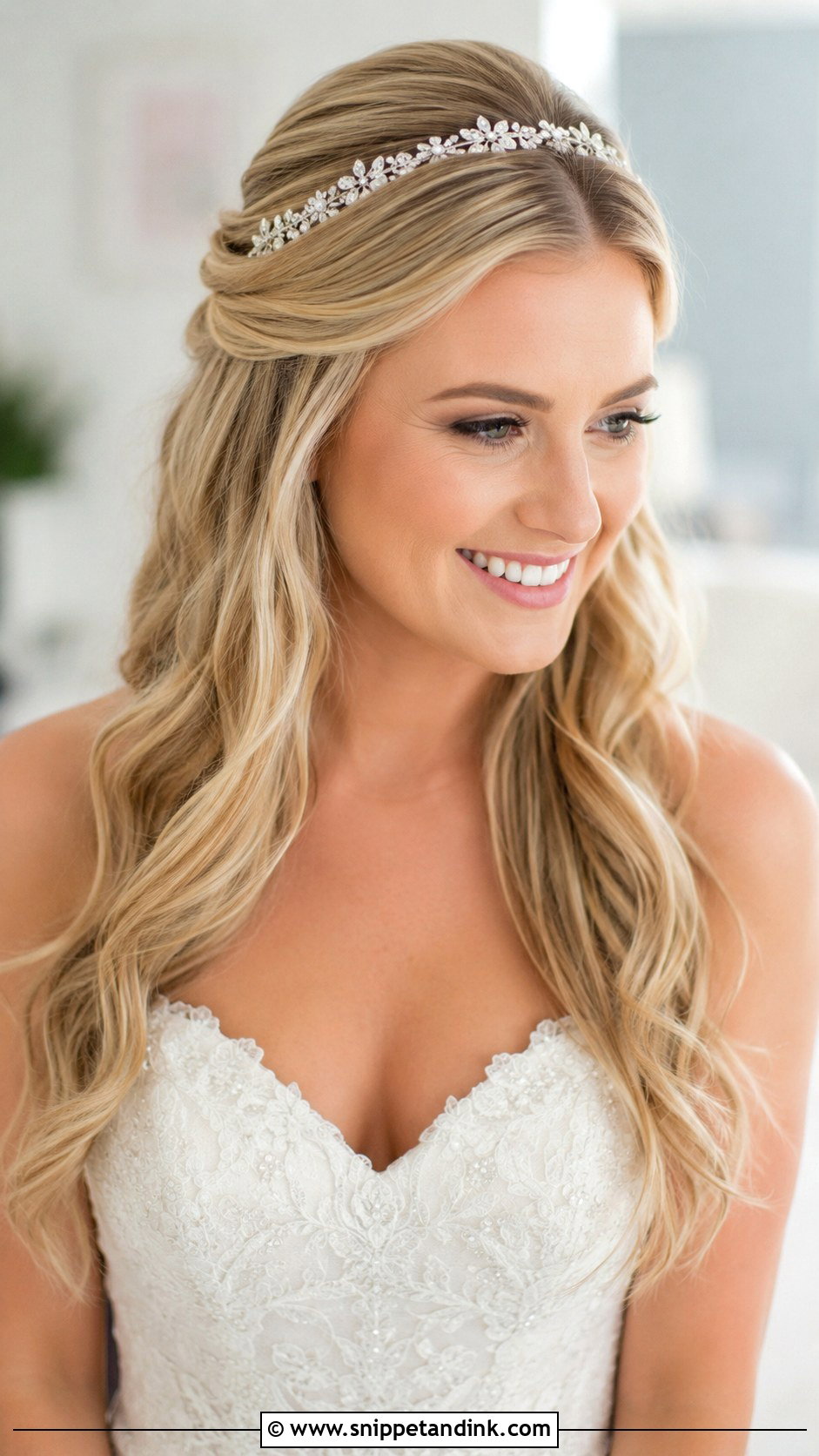 Half Up Half Down With Crystal Headband - Snippet and Ink - 25 Loose Half-Up Half-Down Wedding Hair Ideas