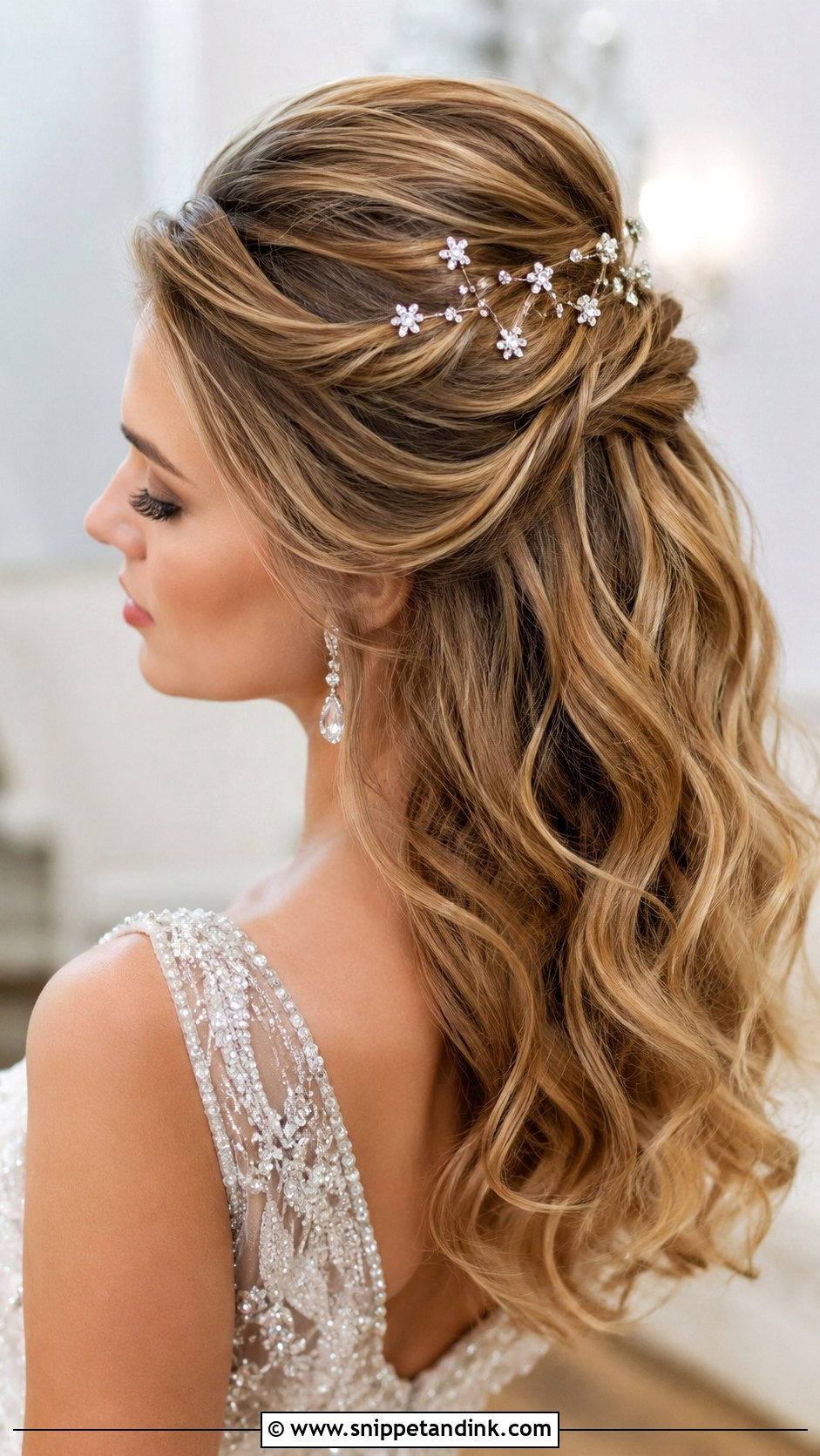 Half Up Half Down With Crystal Pins - Snippet and Ink - 30 Half-Up Half-Down Bride Hairstyles