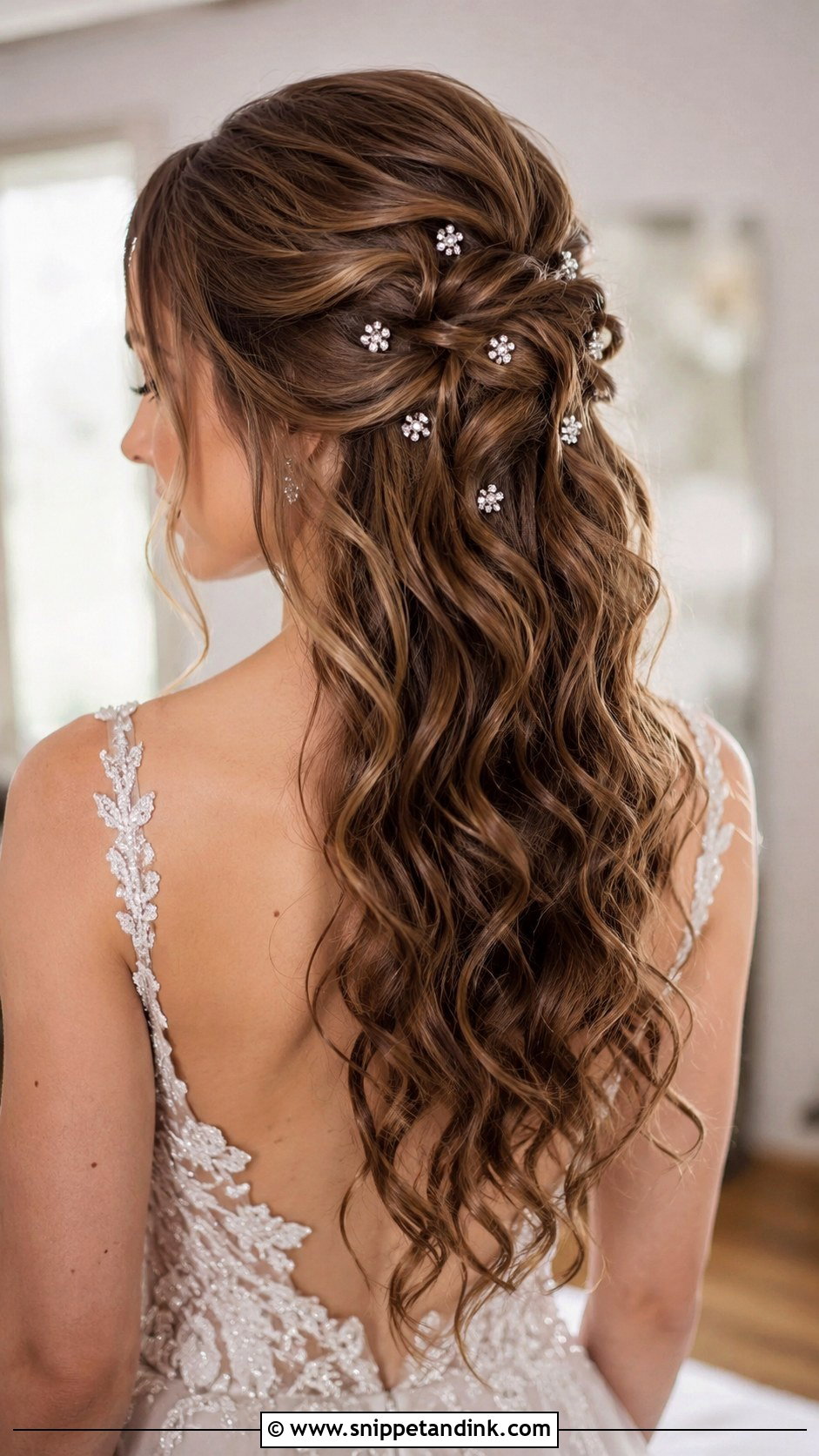 Half Up Half Down With Crystal Pins - Snippet and Ink - 20 Half-Up Half-Down Wedding Hair Styles