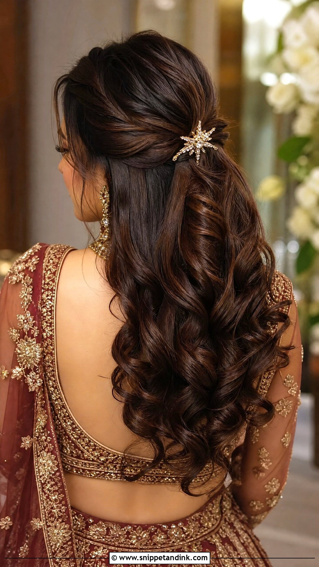 Half Up Half Down With Curls - Snippet and Ink - 20 Indian Hairstyle for Wedding Guest Ideas