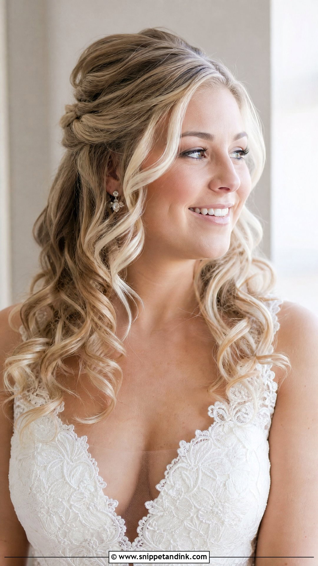 Half Up Half Down With Curls - Snippet and Ink - 20 Wedding Hairstyles Front View