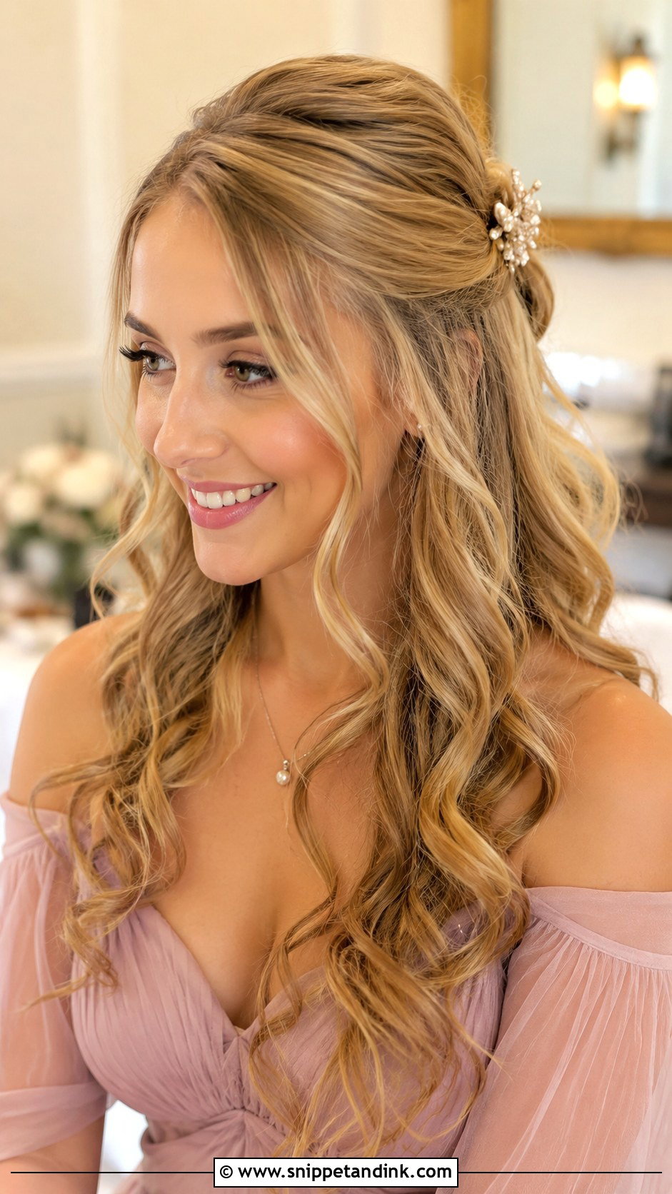 Half Up Half Down With Curls - Snippet and Ink - 25 Long Hairstyles for Wedding Guest
