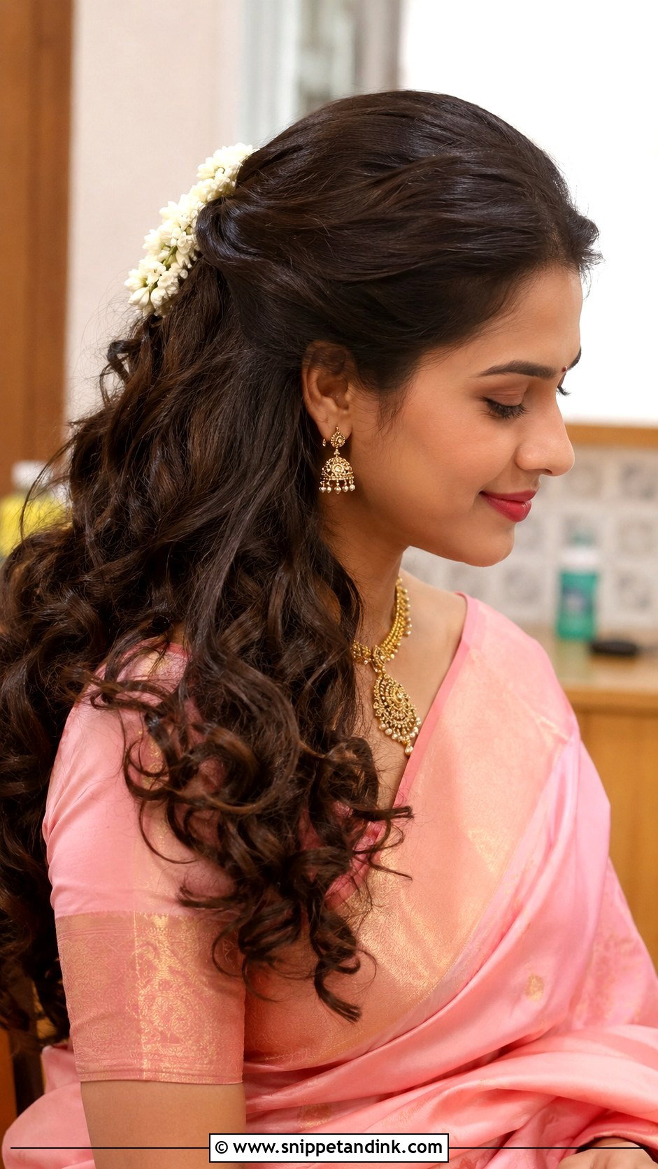 Half Up Half Down With Curls - Snippet and Ink - 25 South Indian Bride Engagement Hairstyle Ideas