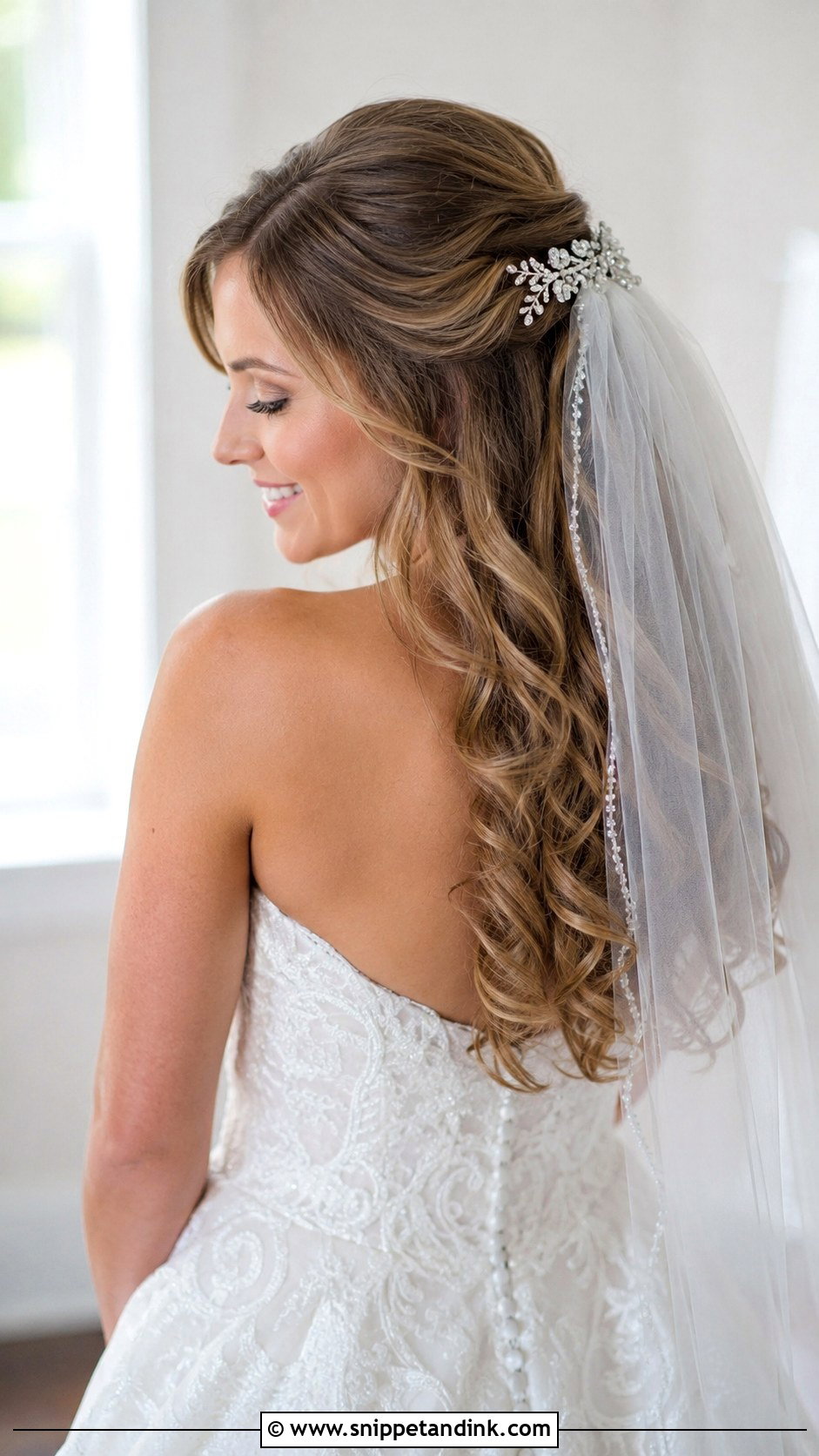 Half Up Half Down With Curls and Veil Comb - Snippet and Ink - 35 Bridal Half-Up Half-Down Hair Ideas