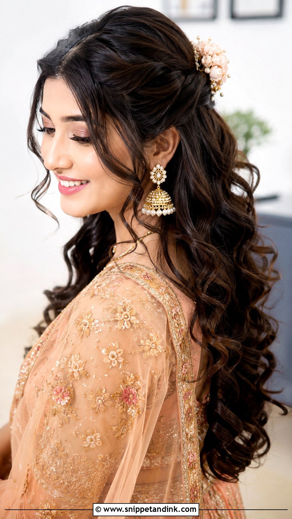 Half Up Half Down With Curls for Bride - Snippet and Ink - 25 Mehandi Hairstyles for Bride