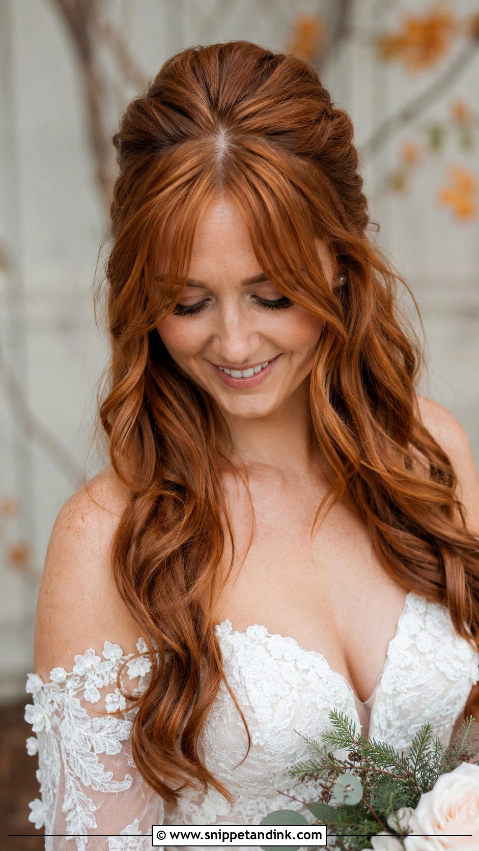 Half Up Half Down With Curtain Bangs - Snippet and Ink - 20 Bridal Hairstyle for Big Forehead Ideas
