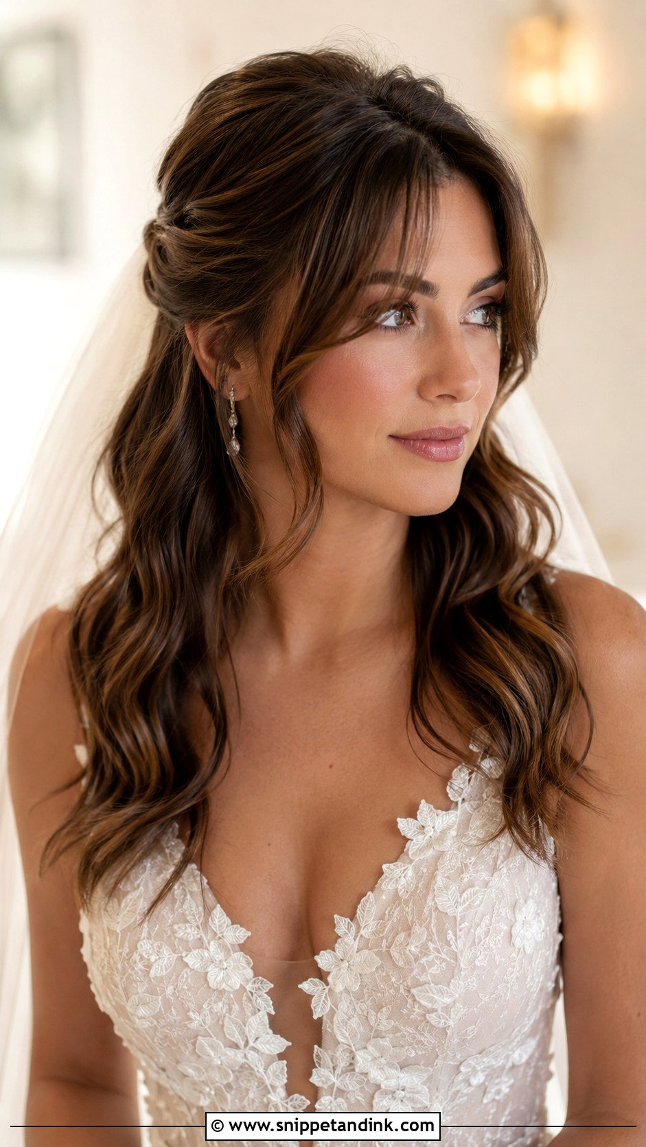 Half Up Half Down With Curtain Bangs - Snippet and Ink - 25 Half-Up Half-Down Bride Hair Ideas