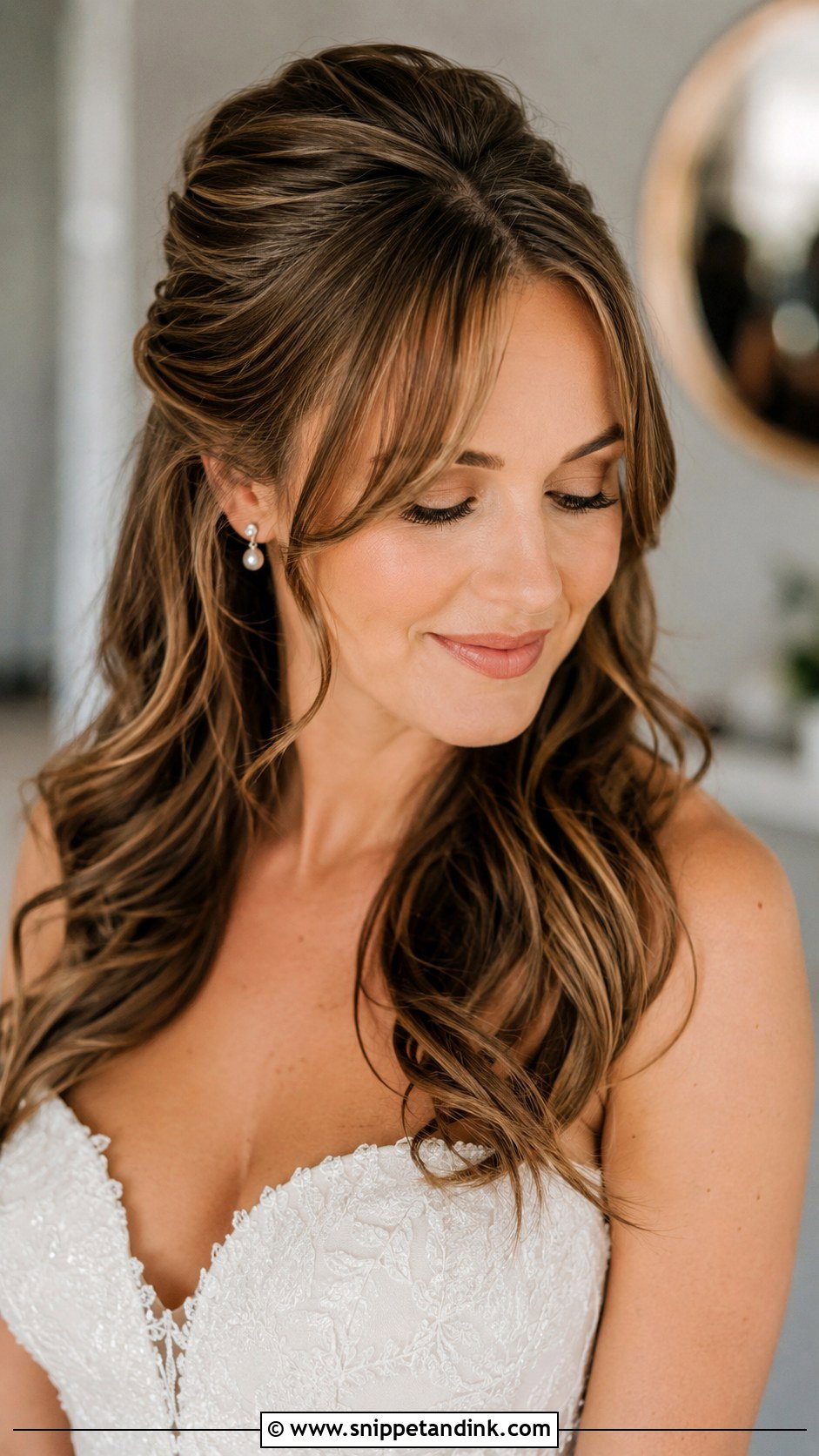 Half Up Half Down With Curtain Bangs - Snippet and Ink - 30 Half Updo Wedding Hair Ideas