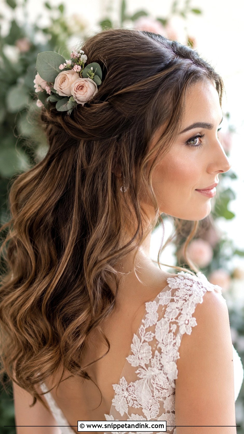 Half Up Half Down With Floral Accents - Snippet and Ink - 25 Elegant Half-Up Half-Down Wedding Hairstyles