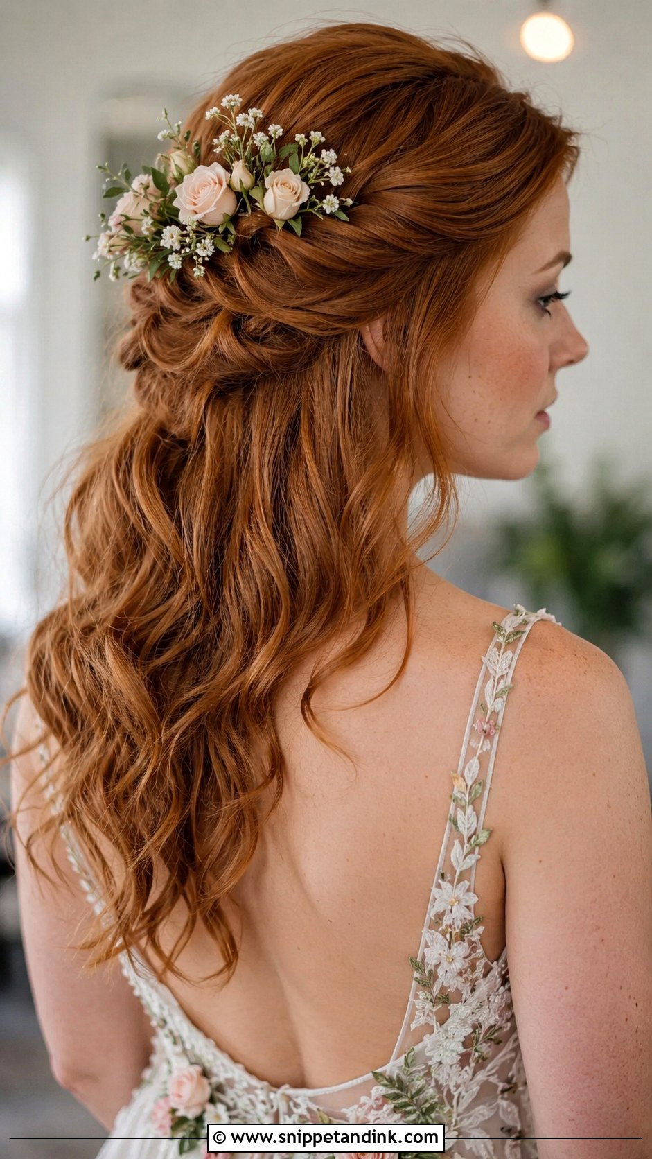 Half Up Half Down With Floral Accents - Snippet and Ink - 25 Short Hair Half-Up Half-Down Wedding Hairstyles