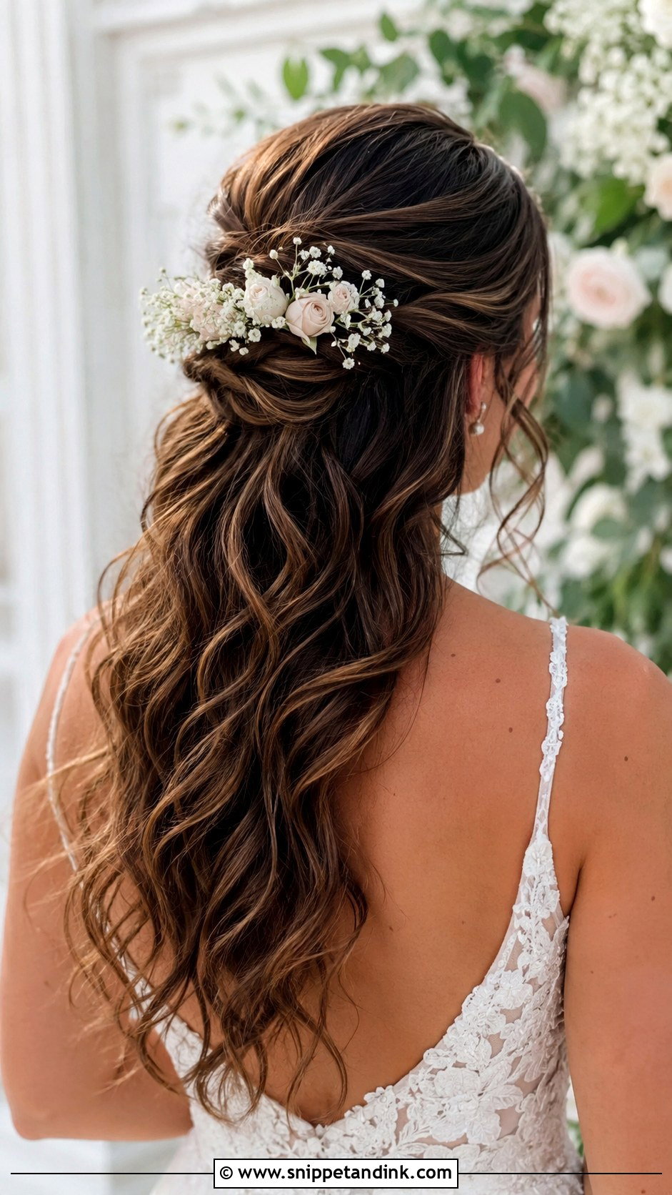 Half Up Half Down With Floral Accents - Snippet and Ink - 20 Shoulder Length Half-Up Half-Down Wedding Hair Ideas