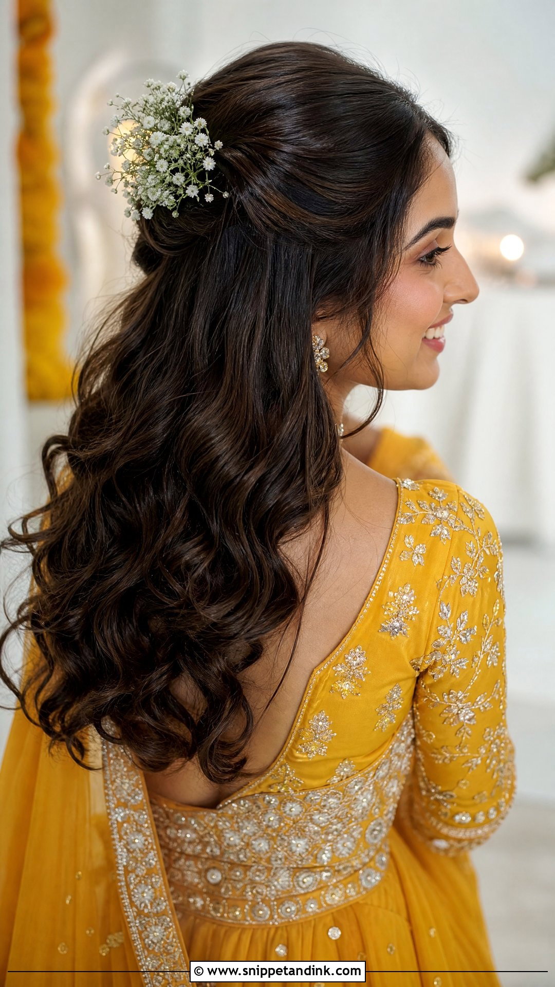 Half Up Half Down With Floral Clips - Snippet and Ink - 20 Haldi Bridal Hairstyle Ideas