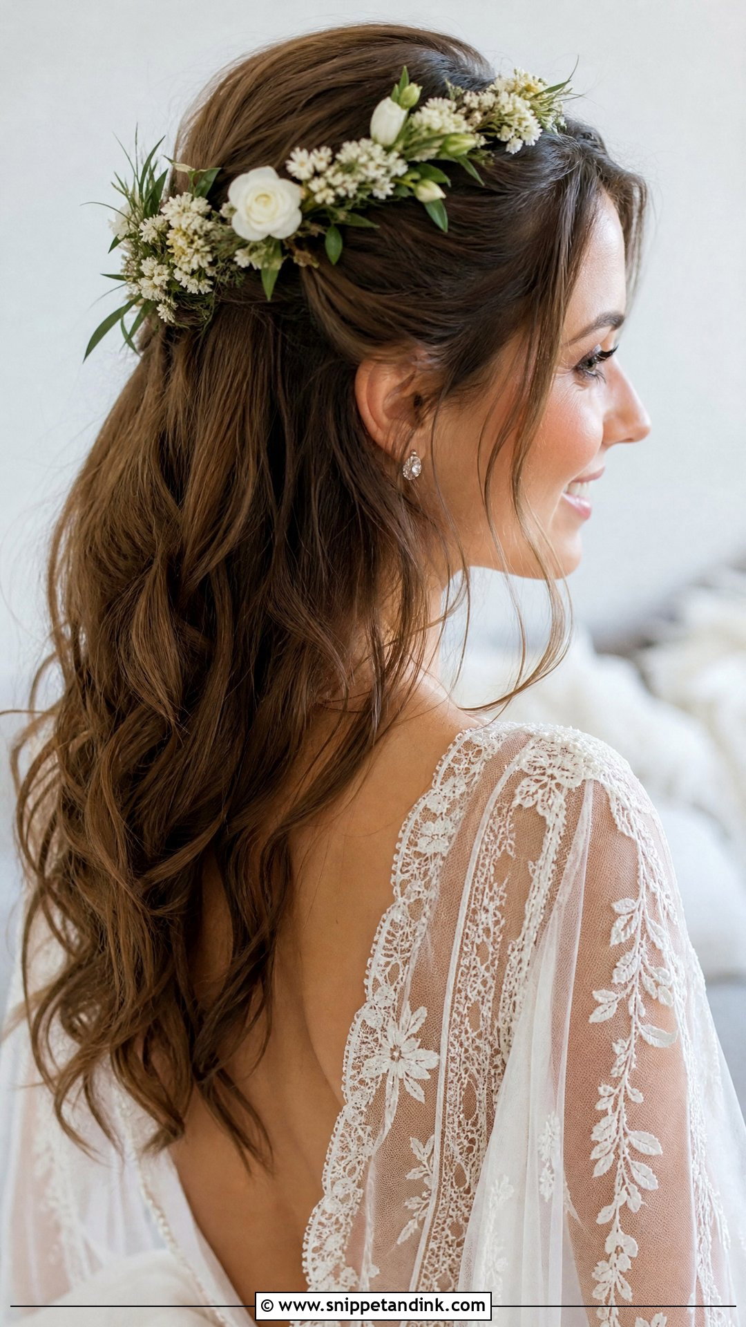 Half Up Half Down With Floral Crown - Snippet and Ink - 20 Christian Bride Hairstyle with Crown Ideas