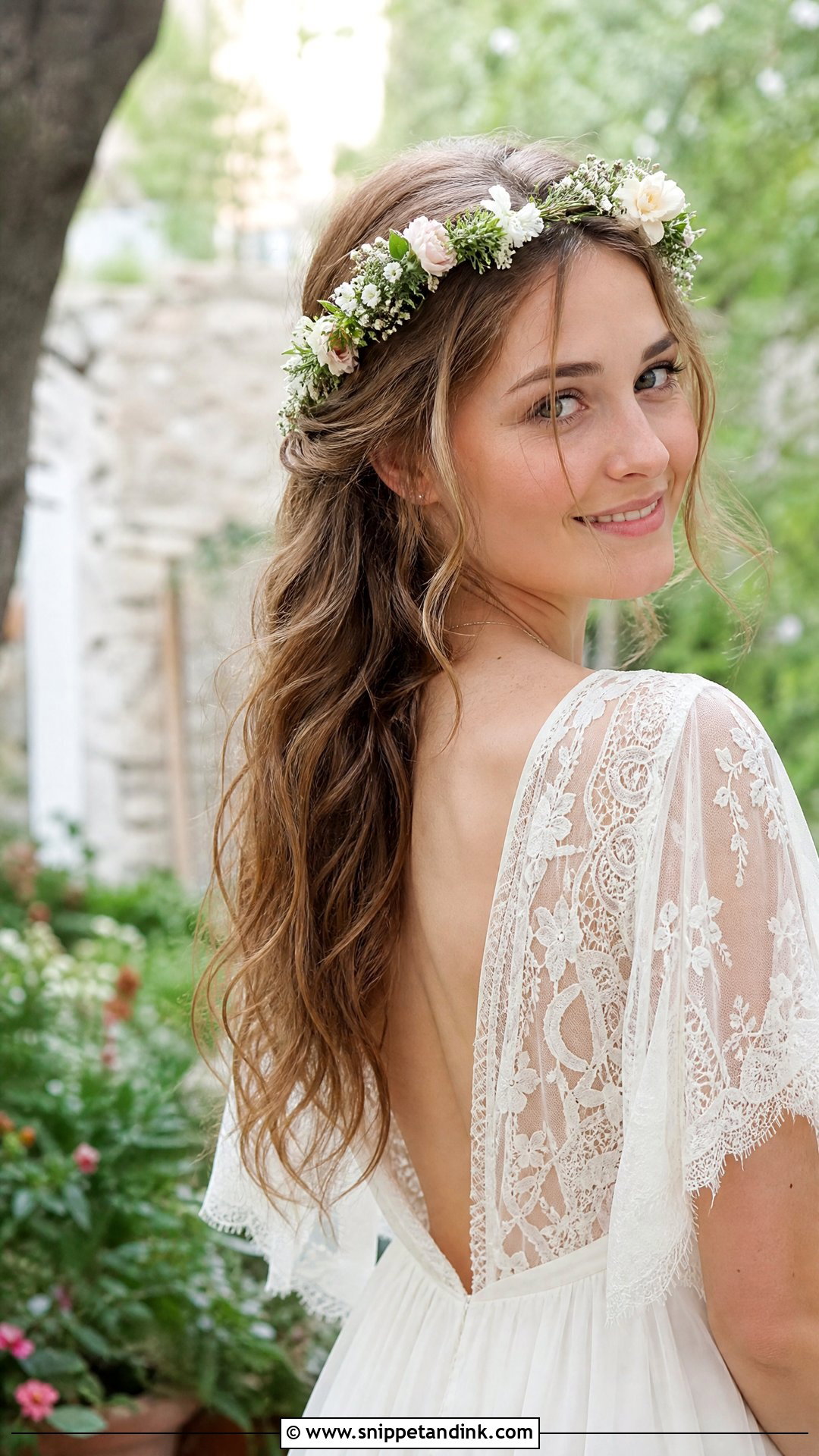 Half Up Half Down With Floral Crown - Snippet and Ink - 20 Half-Up Half-Down Brides Hairstyles