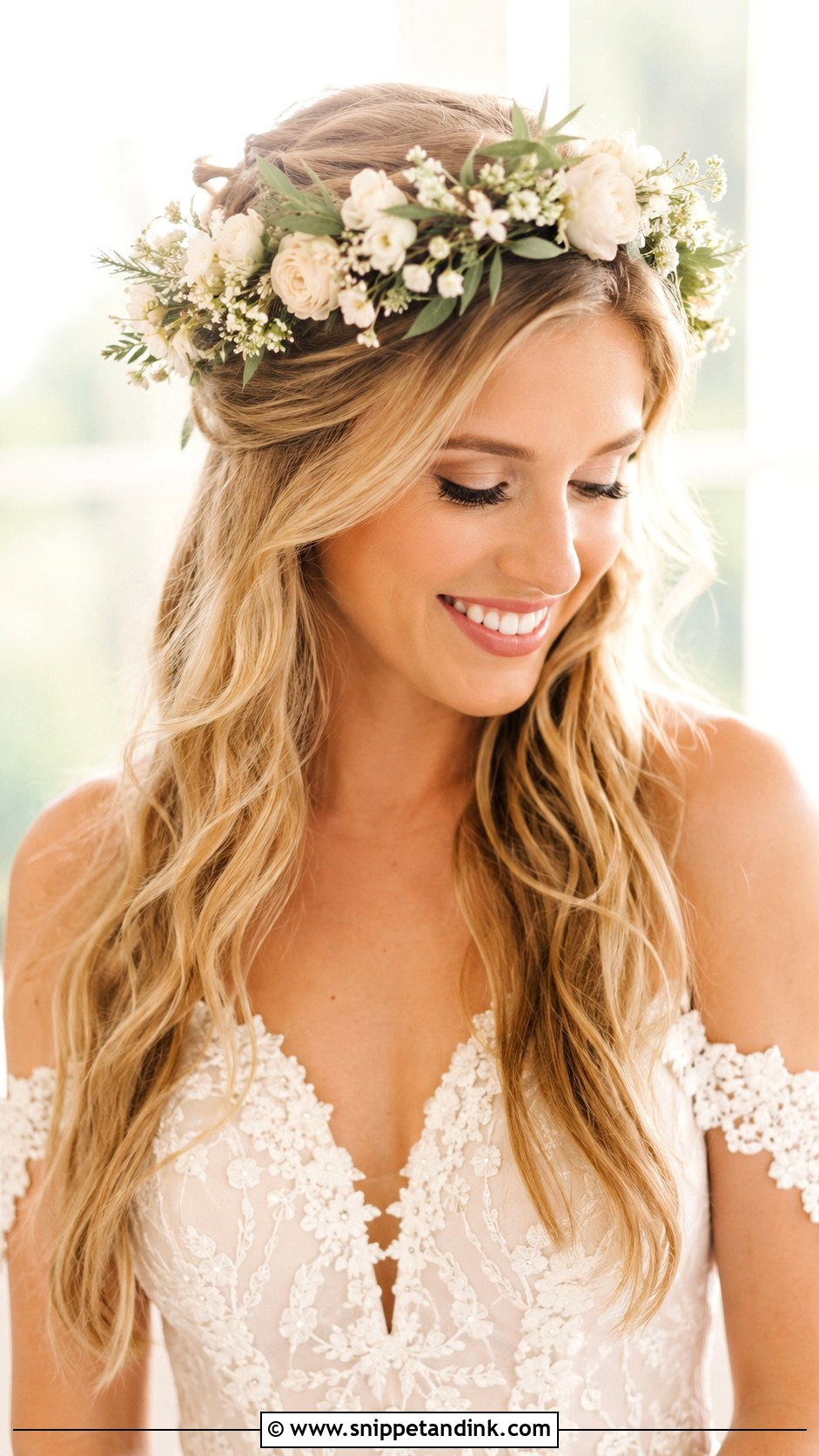 Half Up Half Down With Floral Crown - Snippet and Ink - 25 Half-Up Half-Down Wedding Hair Front Pic Ideas