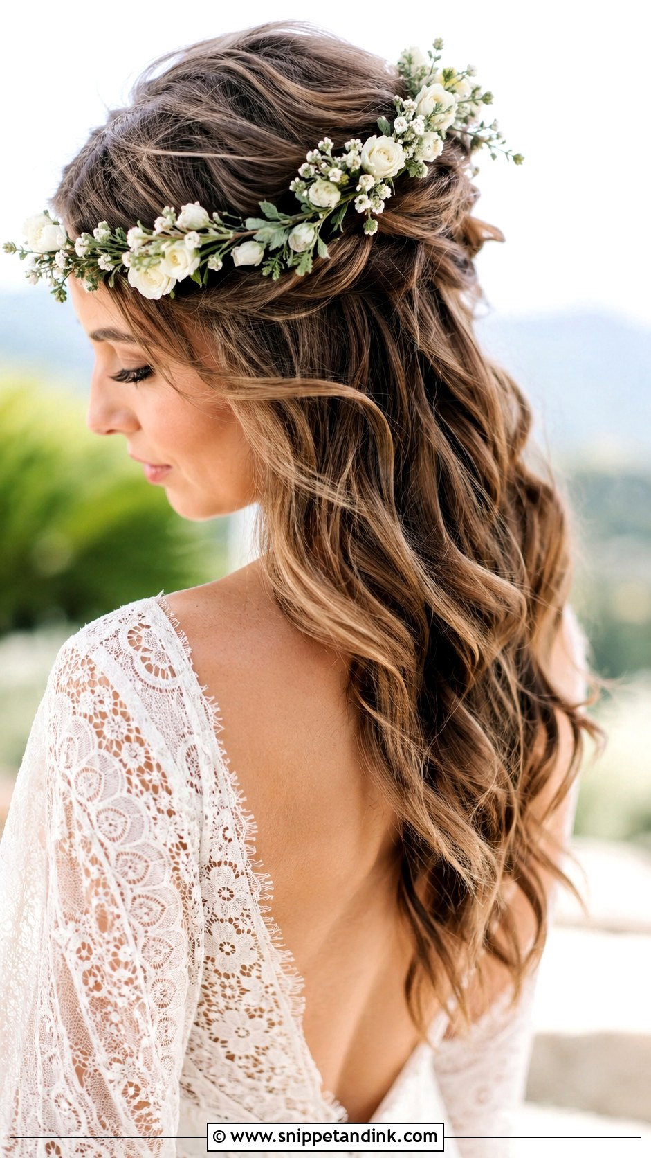 Half Up Half Down With Floral Crown - Snippet and Ink - 25 Loose Half-Up Half-Down Wedding Hair Ideas