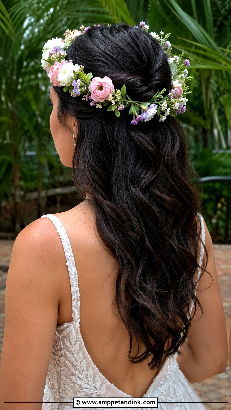 Half Up Half Down With Floral Crown - Snippet and Ink - 35 Half-Up Half-Down Wedding Hairstyles