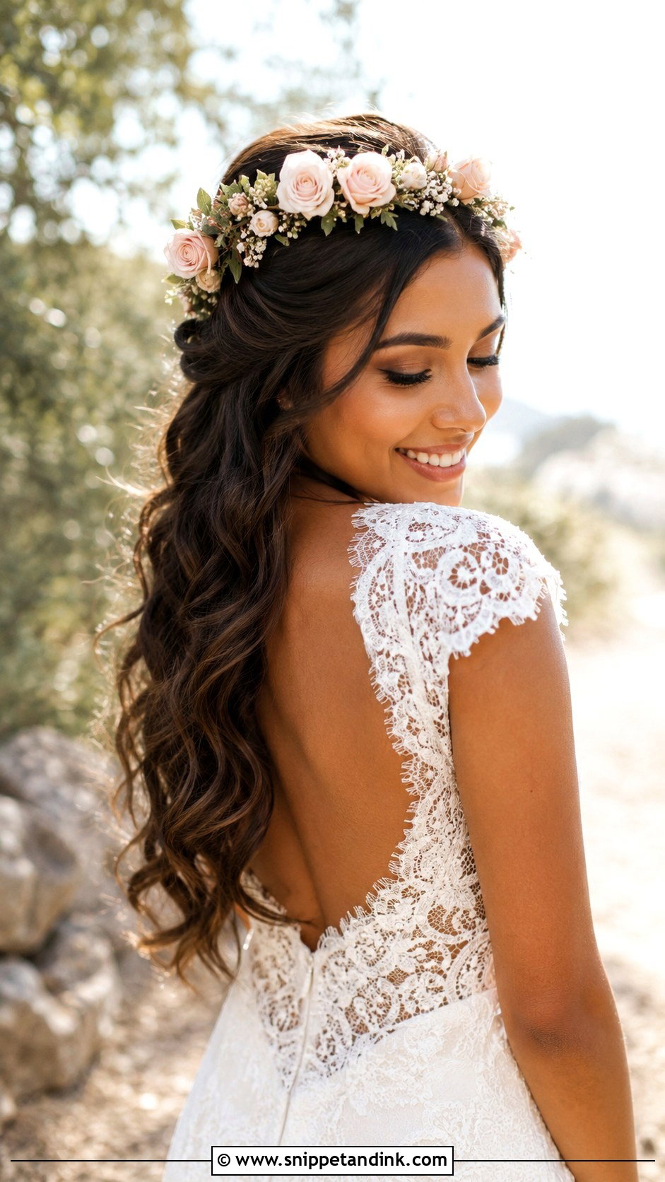 Half Up Half Down With Floral Crown - Snippet and Ink - 35 Half-Up Half-Down Wedding Hair Ideas