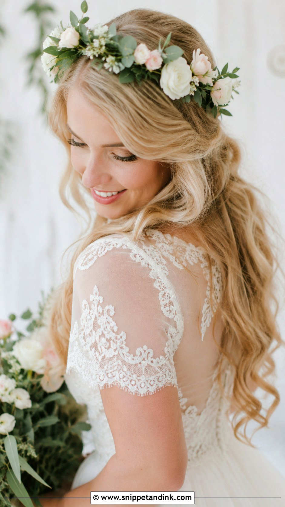 Half Up Half Down With Floral Crown - Snippet and Ink - 20 Bride Half-Up Half-Down Ideas