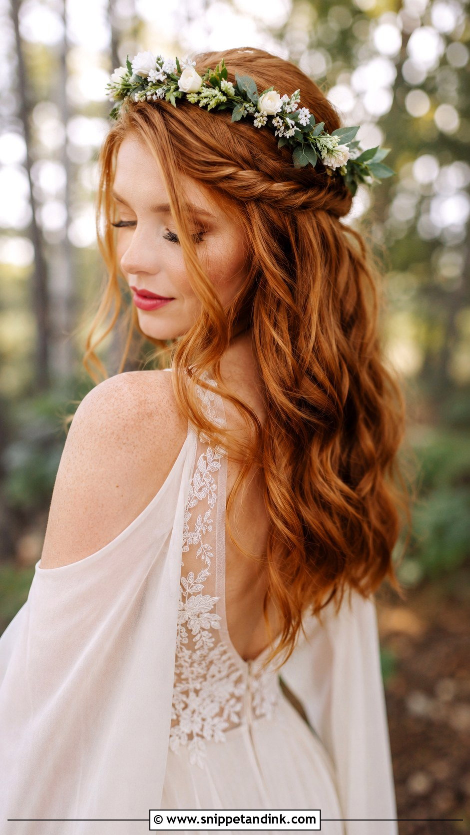 Half Up Half Down With Floral Halo Crown - Snippet and Ink - 20 Shoulder Length Half-Up Half-Down Wedding Hair Ideas