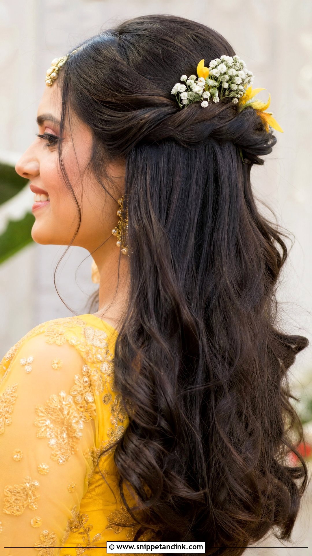 Half Up Half Down With Floral Pins - Snippet and Ink - 20 Hairstyle for Haldi Bride Ideas