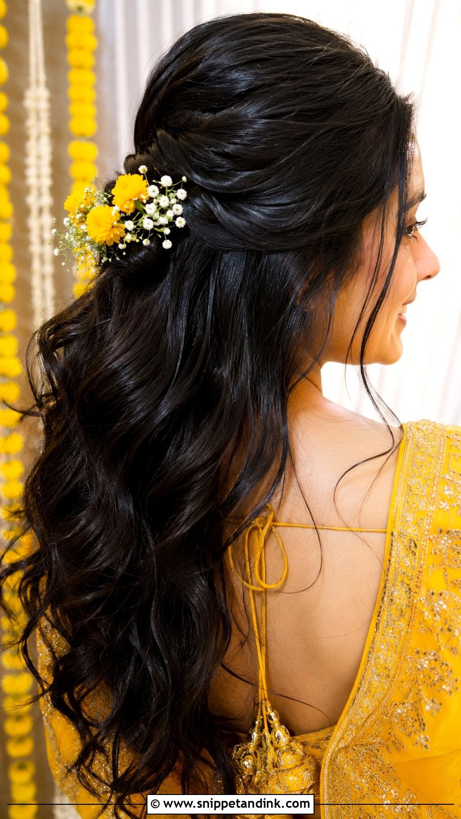 Half Up Half Down With Floral Pins - Snippet and Ink - 25 Haldi Ceremony Hairstyle for Bride Ideas