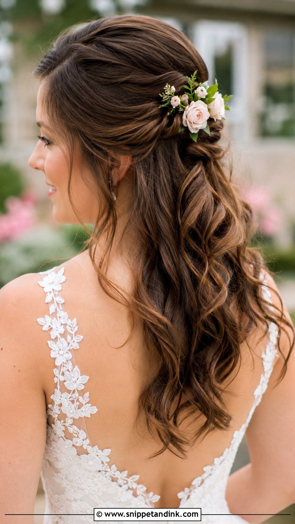 Half Up Half Down With Floral Pins - Snippet and Ink - 30 Short Half-Up Half-Down Wedding Hair Ideas