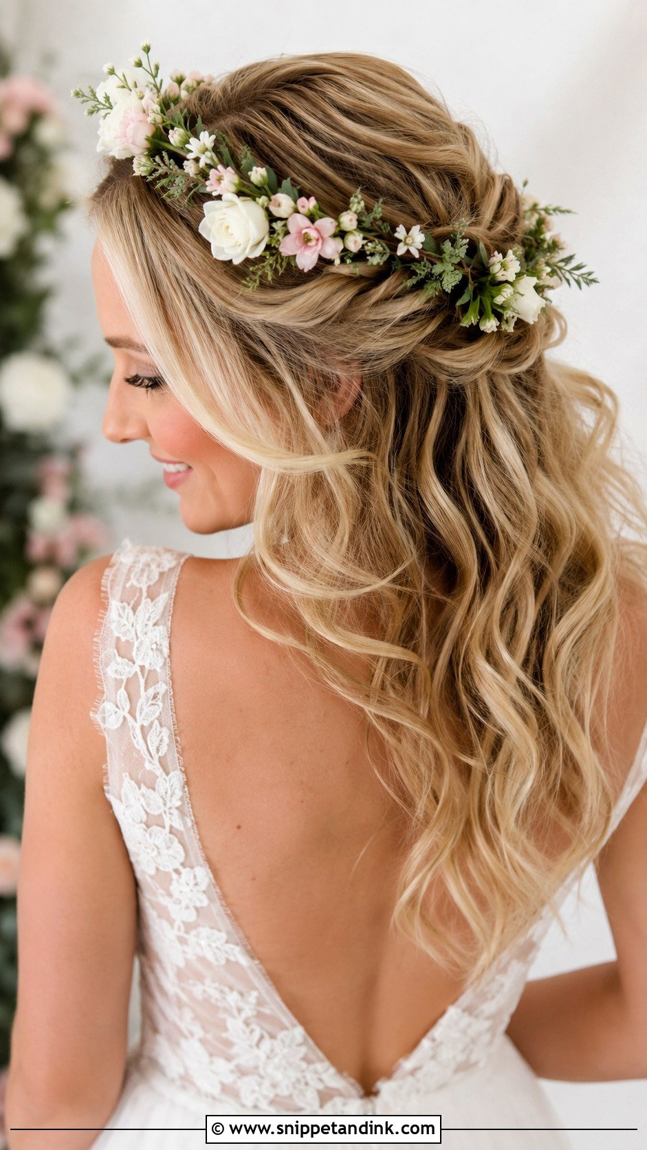 Half Up Half Down With Flower Crown - Snippet and Ink - 25 Short Hair Half-Up Half-Down Wedding Hairstyles