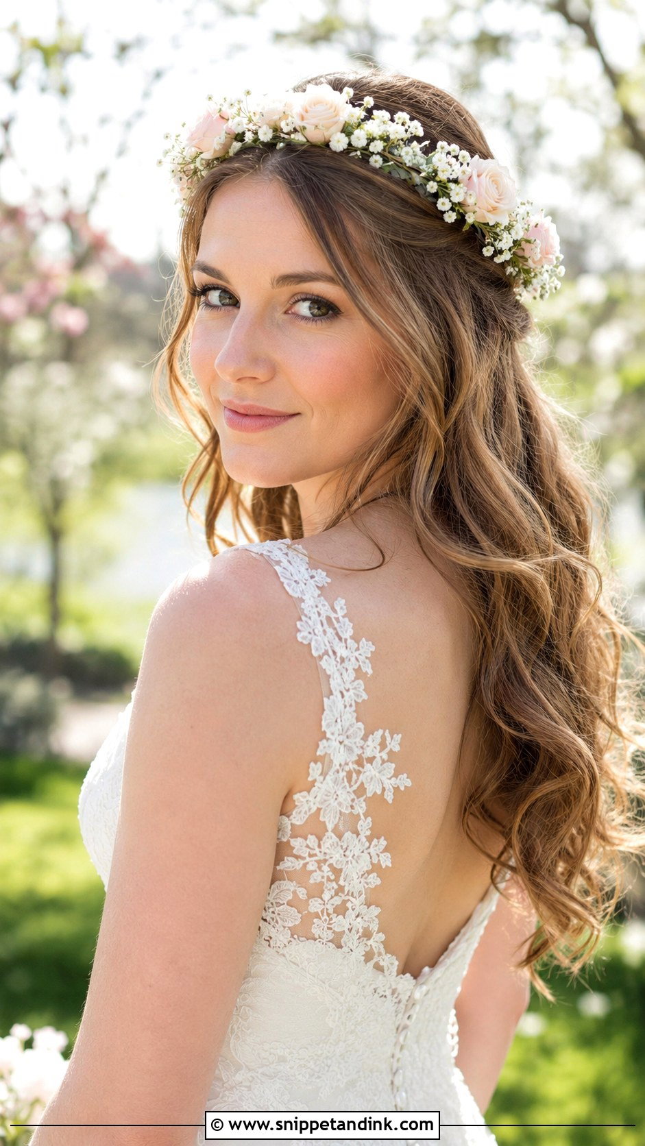 Half Up Half Down With Flower Crown - Snippet and Ink - 20 Bridal Hair with Flower Crown Ideas