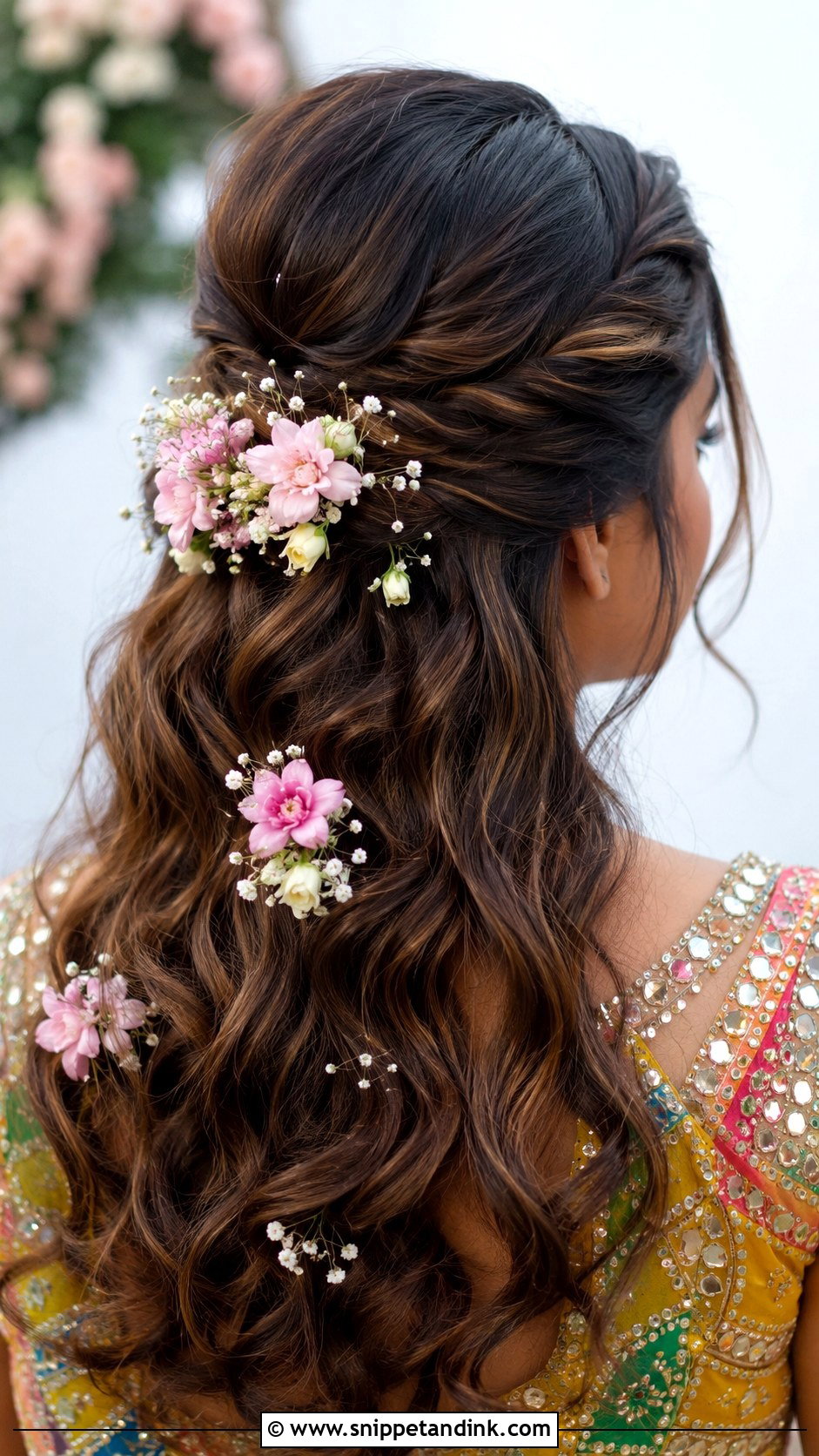 Half Up Half Down With Flowers - Snippet and Ink - 25 Mehndi Hairstyles for Bride Sister