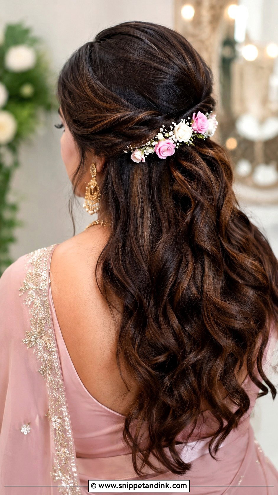 Half Up Half Down With Flowers - Snippet and Ink - 30 Open Hairstyles for Engagement