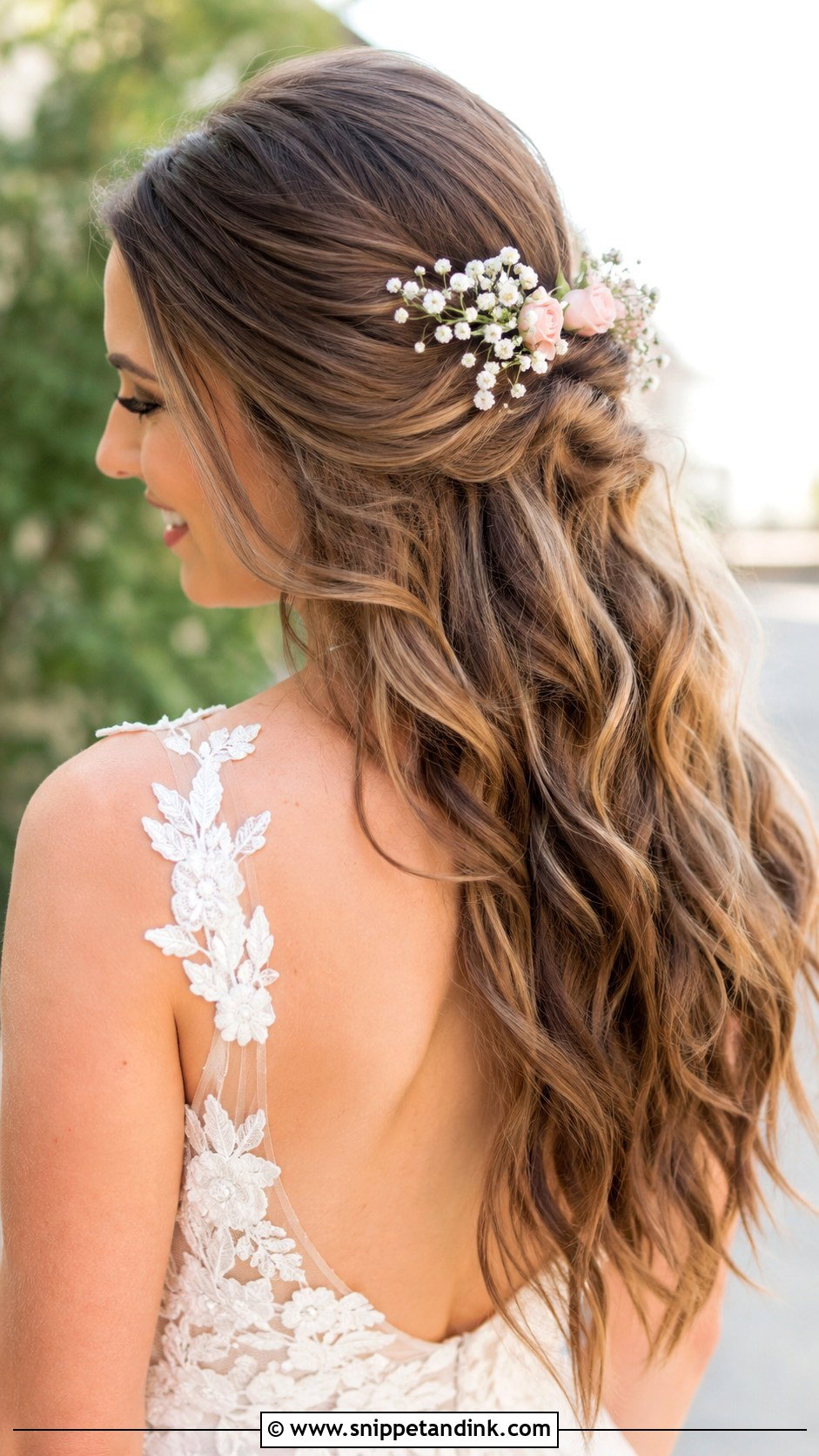 Half Up Half Down With Flowers - Snippet and Ink - 20 Half-Up Half-Down Wedding Hair Inspo Ideas