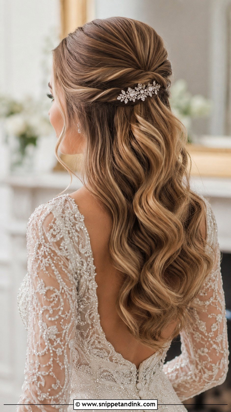 Half Up Half Down With Glam Waves - Snippet and Ink - 30 Half Updo Wedding Hair Ideas