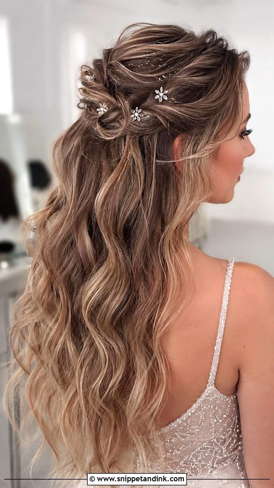 Half Up Half Down With Glitter Accents - Snippet and Ink - 30 Short Half-Up Half-Down Wedding Hair Ideas