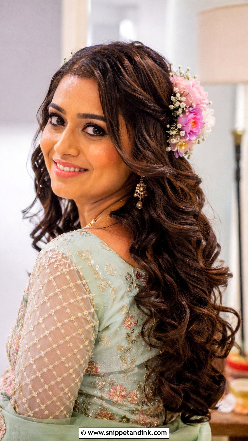 Half Up Half Down With Loose Curls - Snippet and Ink - 20 Mehendi Bride Hairstyle Ideas