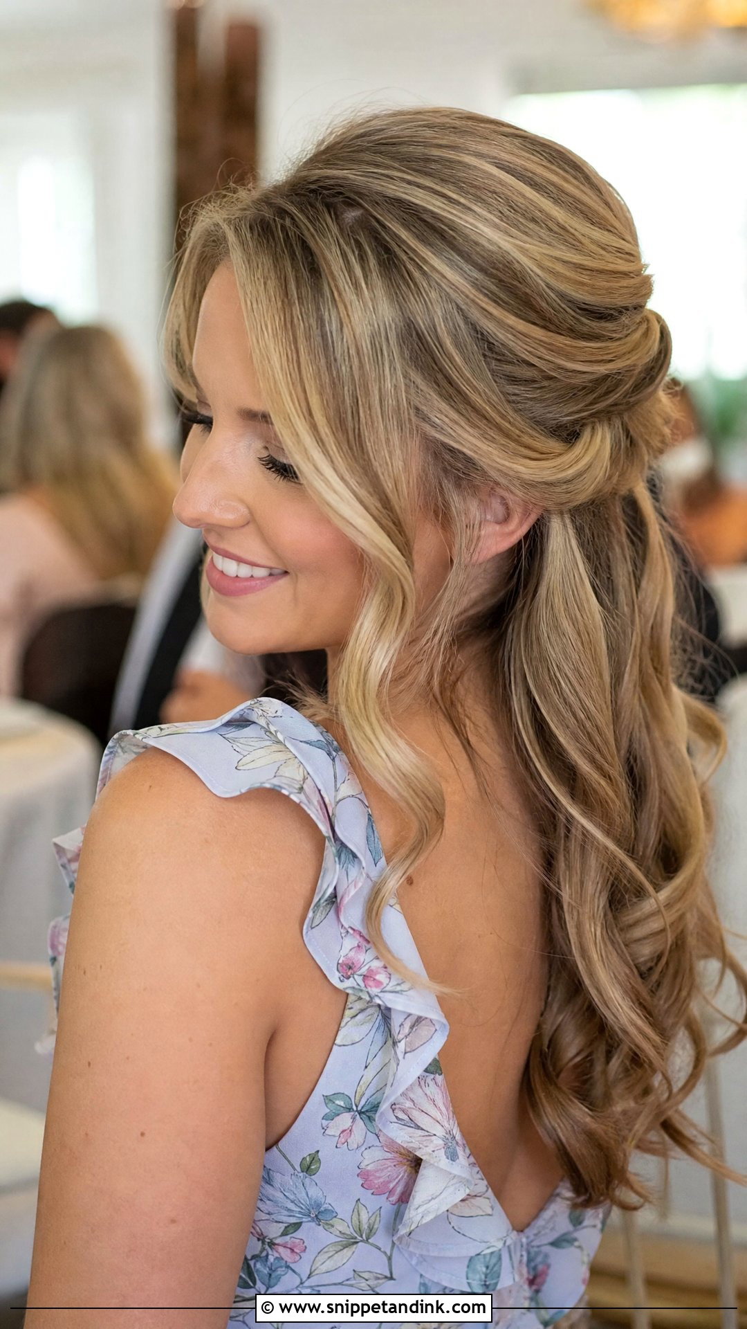 Half Up Half Down With Loose Curls - Snippet and Ink - 20 Wedding Guest Hairstyles for Medium Hair