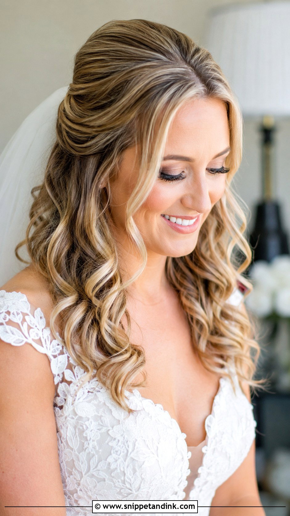 Half Up Half Down With Loose Curls - Snippet and Ink - 25 Hairstyles for Medium Length Hair for Wedding