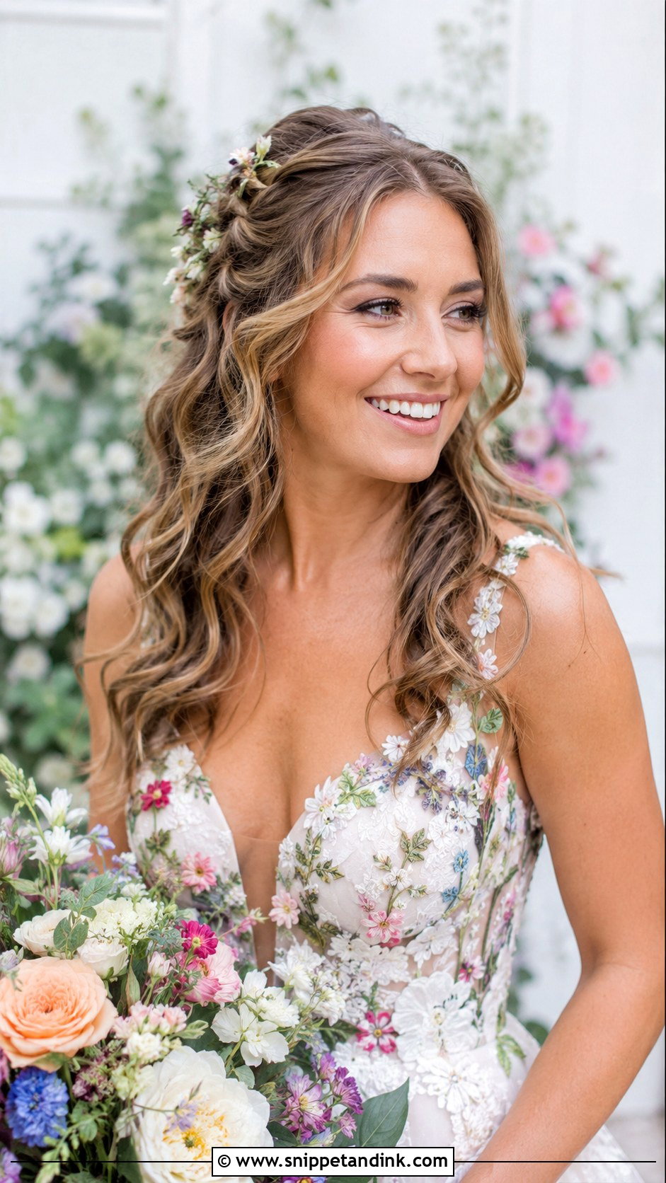 Half Up Half Down With Loose Curls and Flowers - Snippet and Ink - 25 Elegant Half-Up Half-Down Wedding Hairstyles