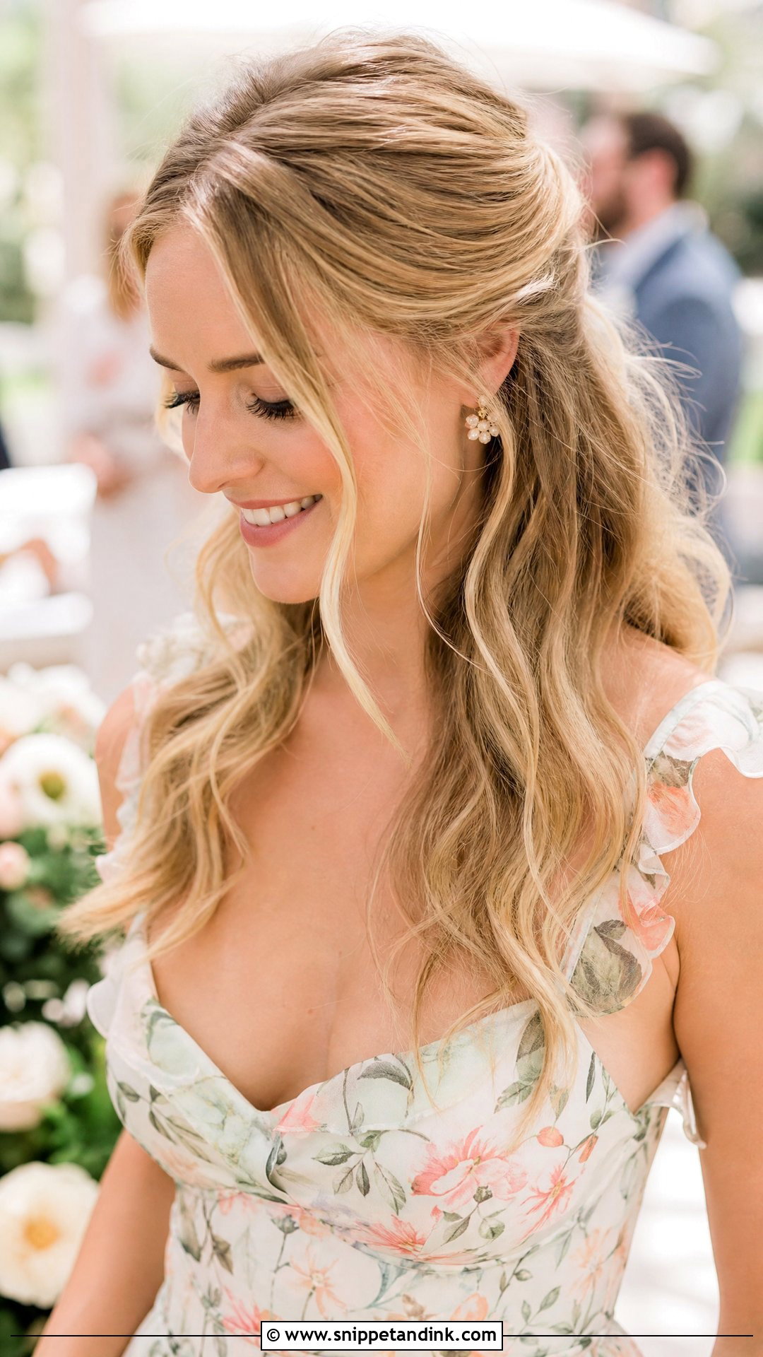 Half Up Half Down With Loose Waves - Snippet and Ink - 20 Shoulder Length Wedding Guest Hair Ideas