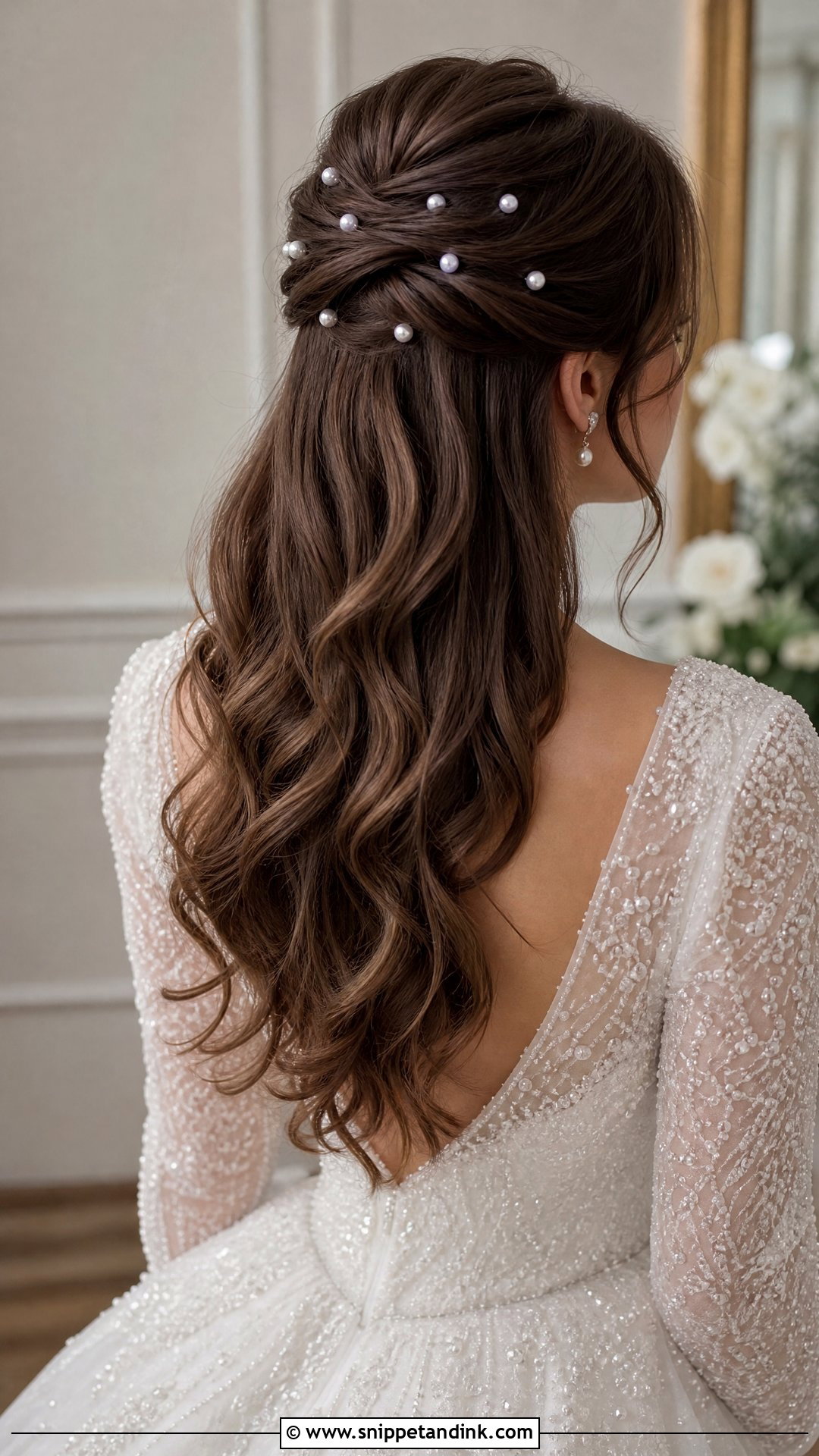 Half Up Half Down With Pearl Accents - Snippet and Ink - 20 Half-Up Half-Down Wedding Hair Bride Ideas