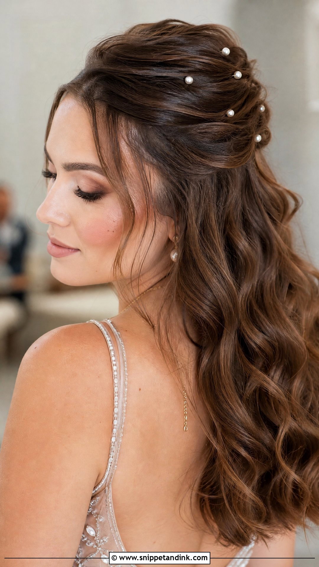 Half Up Half Down With Pearl Accents - Snippet and Ink - 30 Hair Down Wedding Styles