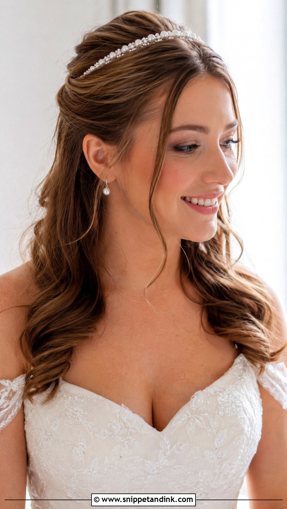 Half Up Half Down With Pearl Headband - Snippet and Ink - 20 Bridal Headband with Hair Down Ideas