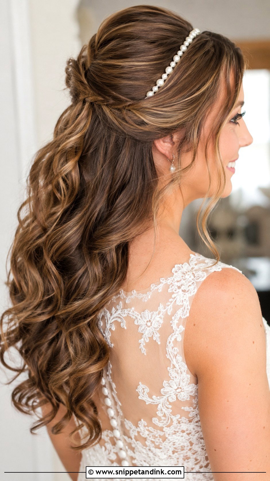 Half Up Half Down With Pearl Headband - Snippet and Ink - 20 Bridal Updo with Headband Ideas