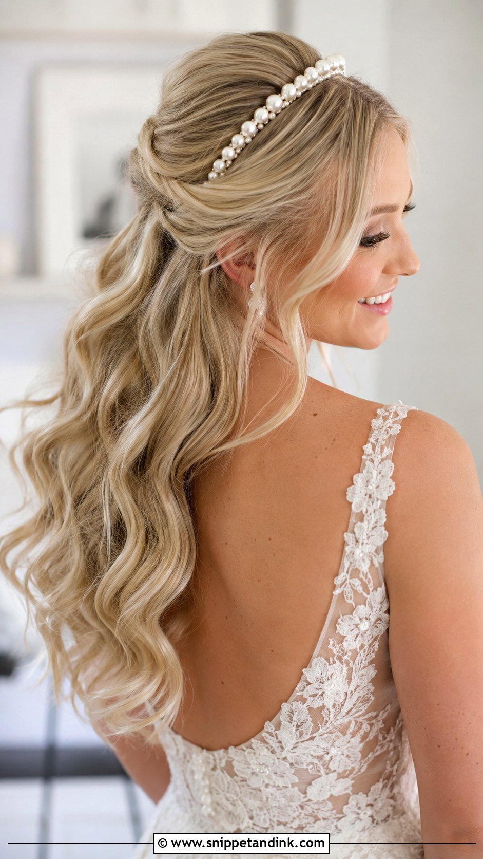 Half Up Half Down With Pearl Headband - Snippet and Ink - 20 Bride Hairstyles with Headband