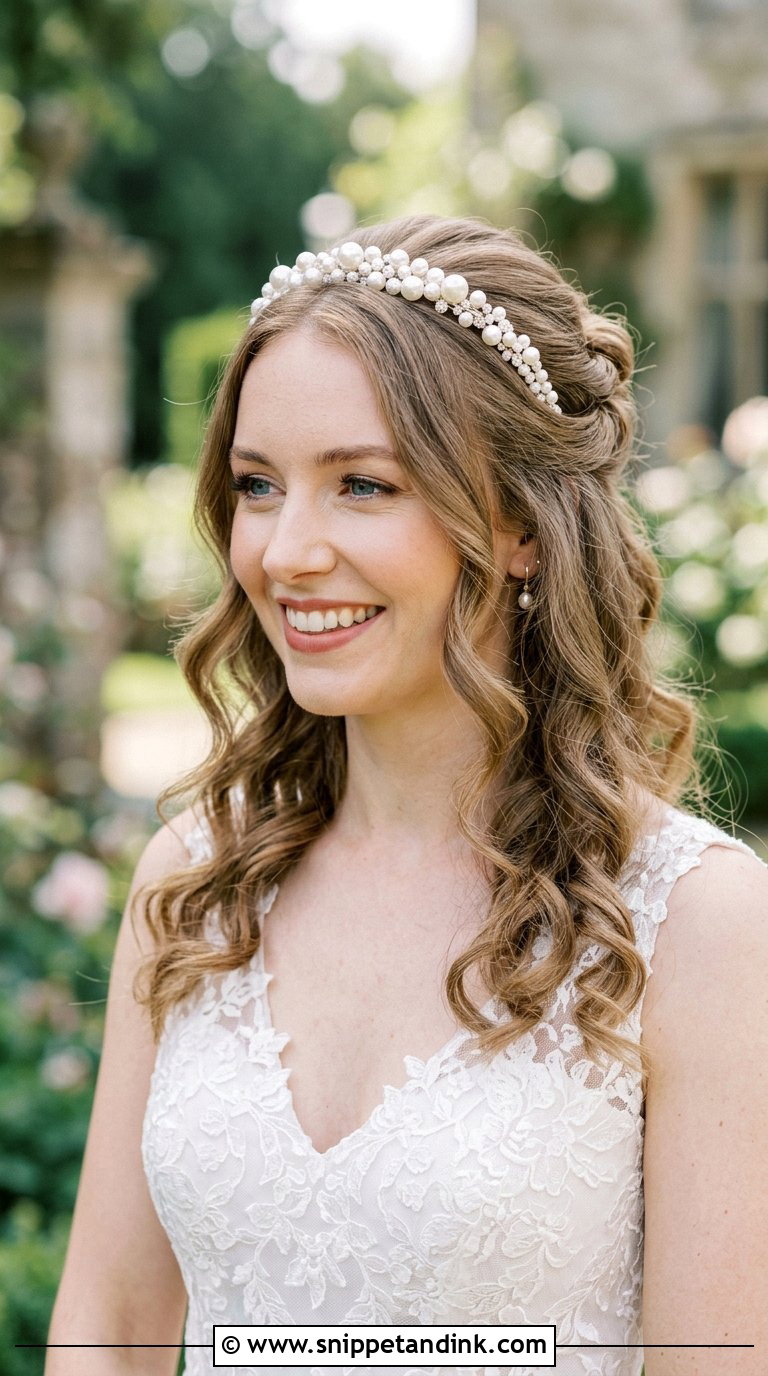 Half Up Half Down With Pearl Headband - Snippet and Ink - 20 Bridal Hair with Headband Ideas