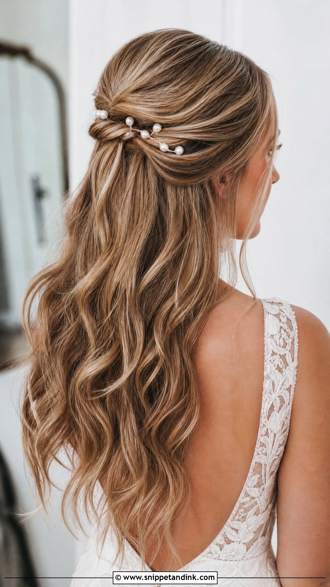 Half Up Half Down With Pearl Pins - Snippet and Ink - 20 Wedding Hair with Pearls Ideas