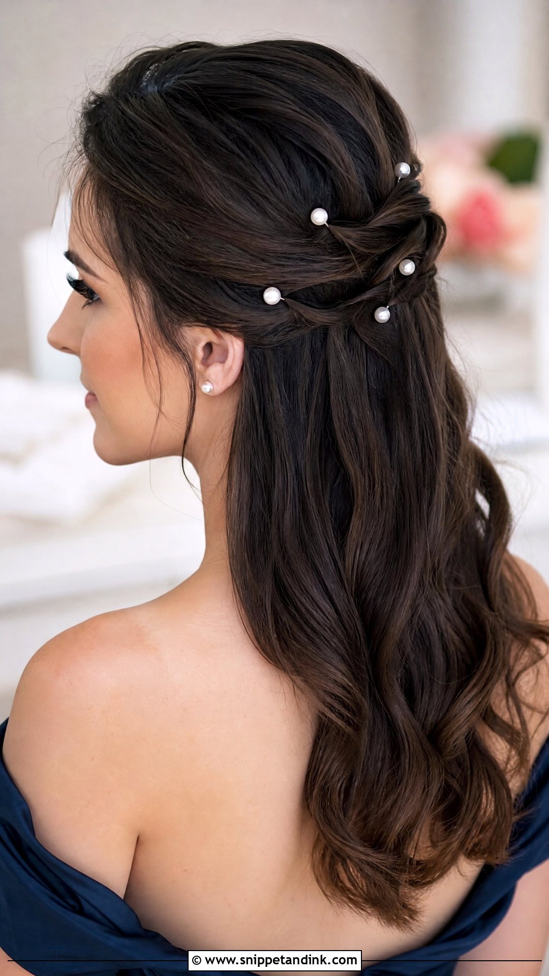 Half Up Half Down With Pearl Pins - Snippet and Ink - 25 Half-Up Half-Down Wedding Guest Hair Ideas