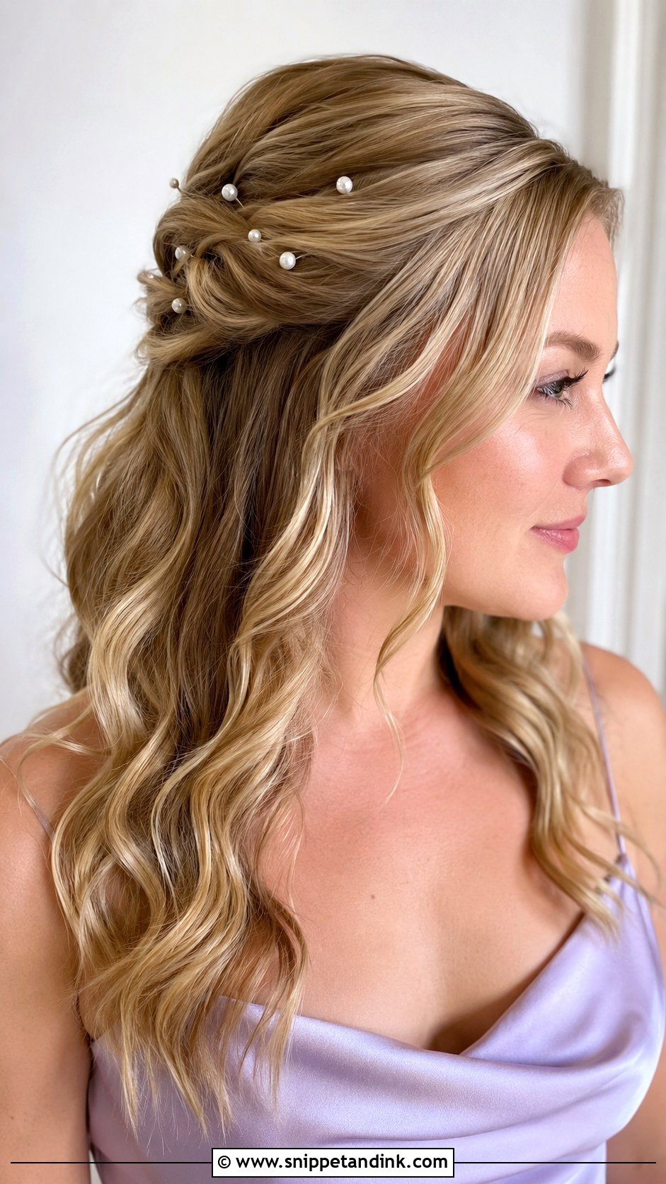 Half Up Half Down With Pearl Pins Wedding Guest - Snippet and Ink - 20 Half-Up Half-Down Wedding Guest Hairstyles