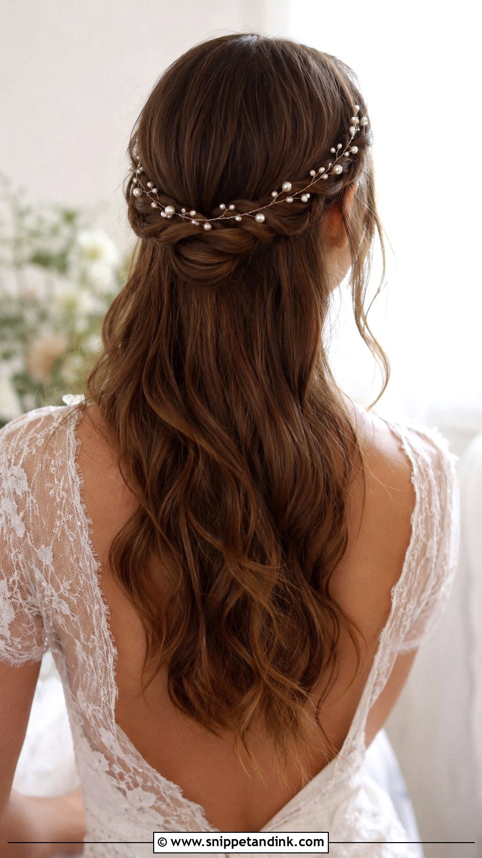 Half Up Half Down With Pearl Vine - Snippet and Ink - 20 Wedding Hairstyles with Pearls