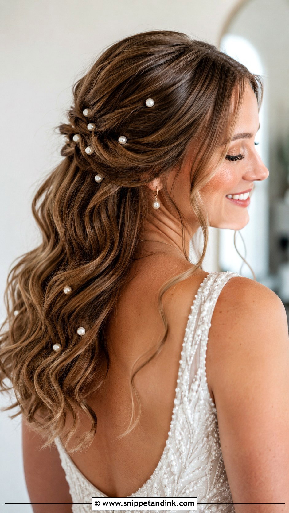 Half Up Half Down With Pearls - Snippet and Ink - 20 Half-Up Half-Down Wedding Hair Inspo Ideas